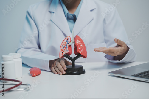 Medical personnel in white lab coats are explaining lung health using a detailed lung model on a desk, surrounded by medical equipment and a laptop, in a modern clinical environment.