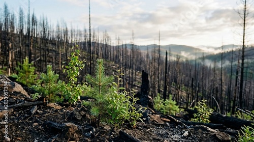 Young green saplings growing from charred forest ground after a wildfire.