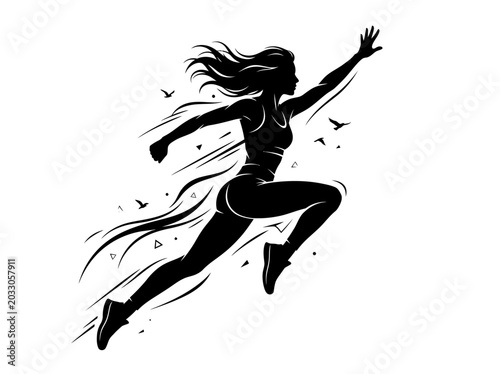 Black silhouette of a dynamic woman running fast.