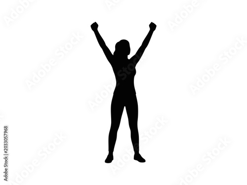 Black silhouette of a woman standing with her arms raised in victory.