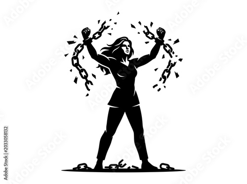 Fotografija A woman breaking chains representing freedom and empowerment.