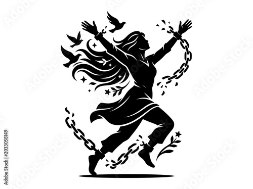 Tableau sur toile Black and white illustration of a liberated woman breaking chains with flying birds