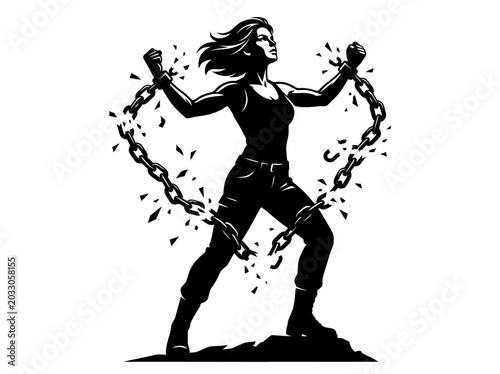Obraz na płótnie Strong woman breaking free from heavy metal chains illustration.