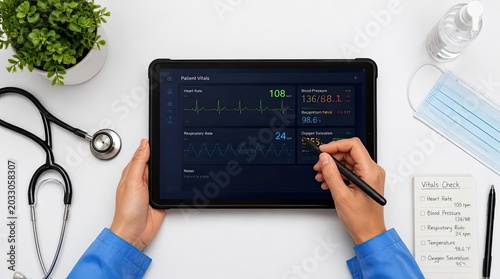 A dedicated healthcare professional using a tablet to meticulously record patient vitals, capturing digital health data and medical statistics on a widescreen desktop for modern clinical analysis.