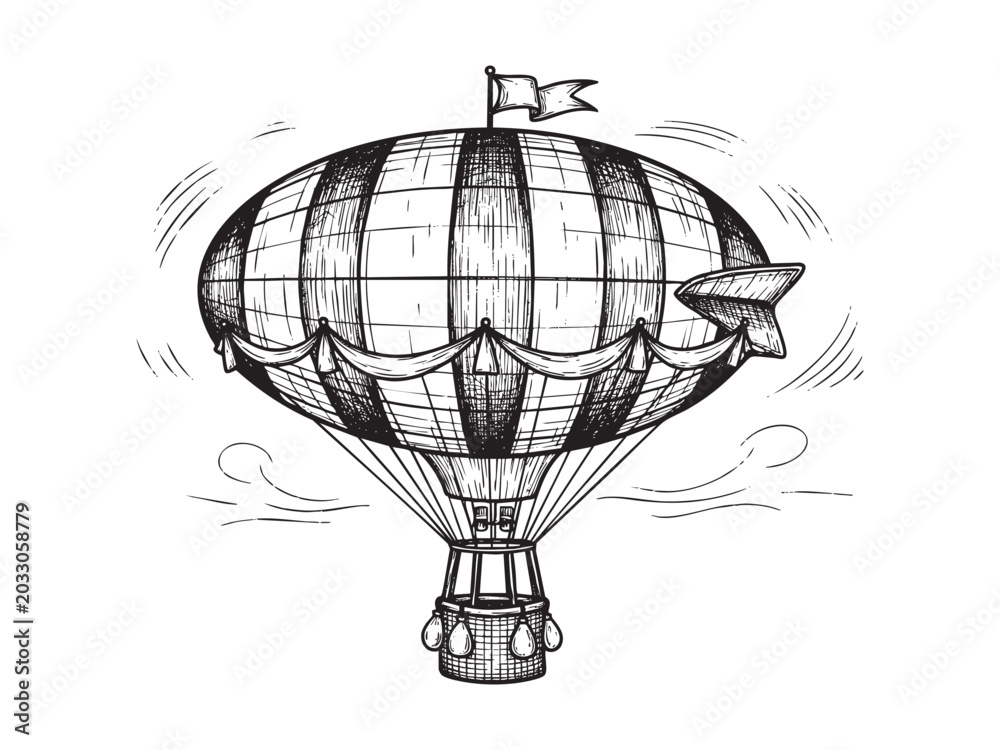 Obraz premium Retro hand drawing hot air balloon. Vintage hot air airship vector sketch