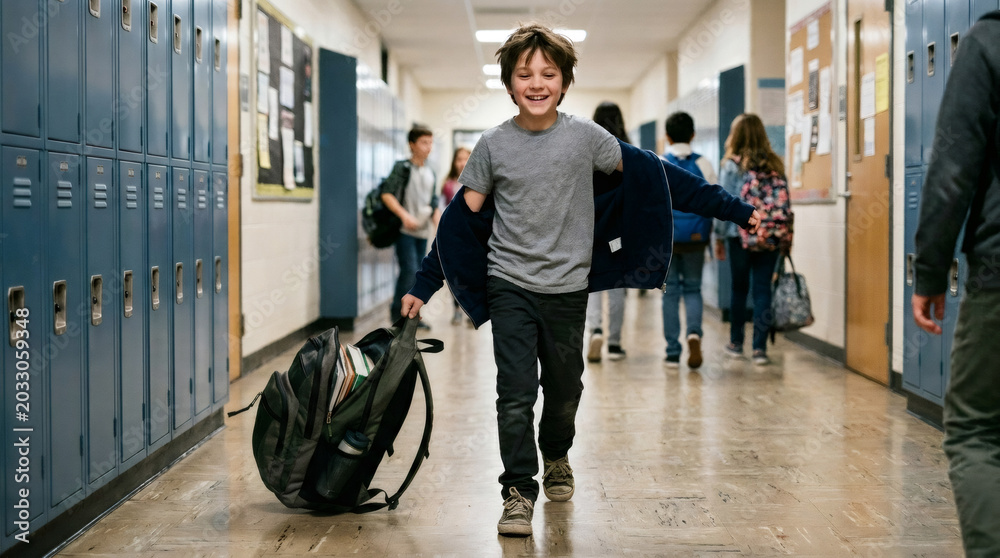 Fototapeta premium Happy boy walking in school hallway with backpack. Student running excitedly through corridor after class. Childhood education, energy, and school life concept. Back to school theme.