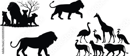Canvas Print African Wildlife Silhouette Collection Featuring Lions Giraffe Ostrich and Safar