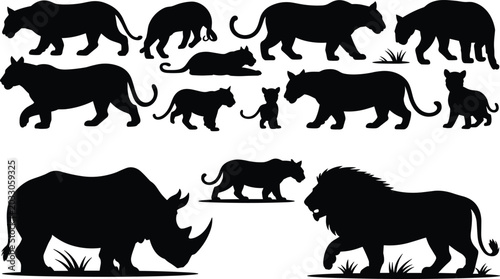 Photography Black silhouette collection of wild animals including panther lion rhinoceros an