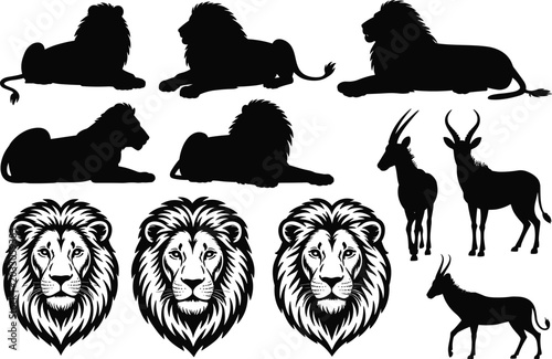 Canvas Print Lion Silhouette and Head Logo Collection with African Antelope Wildlife Animals