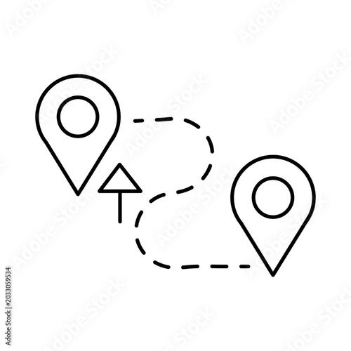 Minimalist outline map pins connected by a dashed line with an arrow indicating a planned route or navigation journey from an origin point to a specific destination marker for digital interfaces