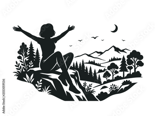 Photos Silhouette of a happy woman sitting on a cliff with arms outstretched