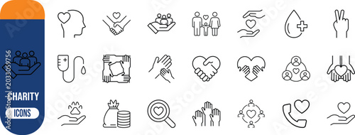 Charity donation support outline icons. hands icon set, heart icon set, people icon set