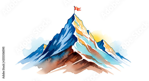 Watercolor mountain peak with red flag icon on white background.