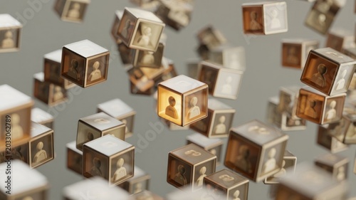 Floating cubes with human silhouettes in a futuristic setting