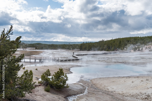 Yellowstone National Park, Wyoming, USA - May 13, 2017: Norris Geyser Basin Boardwalk Under Cloudy Sky, Yellowstone National Park