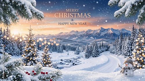 Snowy landscape photograph featuring a cheerful snowman and glowing pine trees under a beautiful sunset sky during the winter season