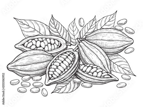 Sketch of cocoa beans and leaves on grey background. Vector illustration