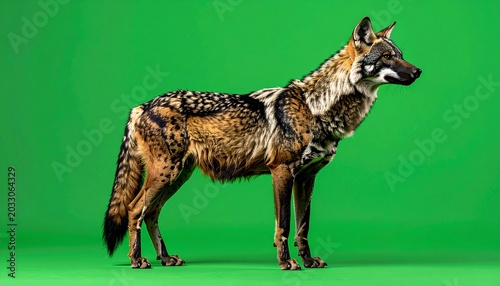 Striking Golden Jackal Standing Tall Against a Vibrant Green Backdrop.