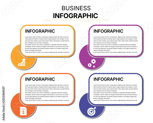 Business infographic with four information boxes and icons, infographic