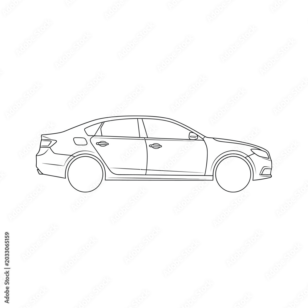 Fototapeta premium Side profile view of a modern sedan car in a simple black and white line style