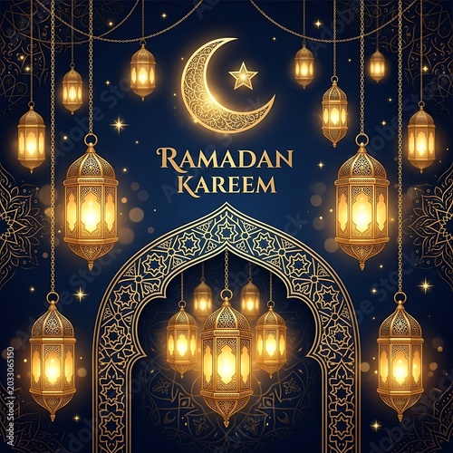 Golden ramadan kareem greeting card with decorative lanterns moon and star on dark background.