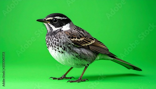 Striking Lark Sparrow Perched Against a Vibrant Green Backdrop.