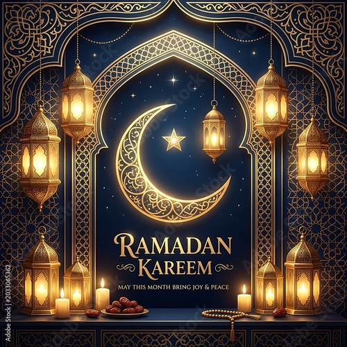 Elegant ramadan kareem poster with traditional dates prayer beads and glowing golden lanterns.