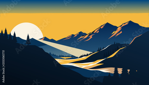 Scenic Mountain Lake Landscape Minimal Travel Vector Illustration