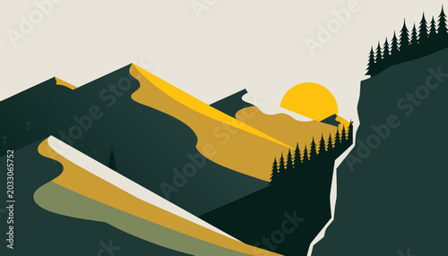 Minimal Sunset Mountain Landscape Flat Vector Illustration