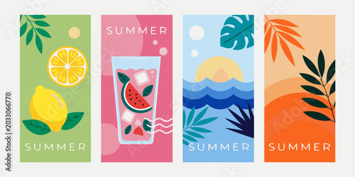 Four summer vertical banners with tropical leaves and fruit in flat design style