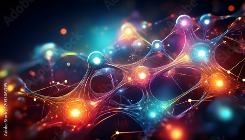 abstract molecular structure with colorful light effects representing scientific research and technology innovations in modern chemistry