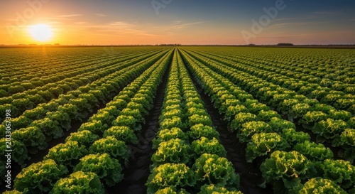 Vast field of fresh green lettuce at sunset