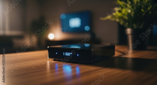 Modern digital media streaming device on a wooden table