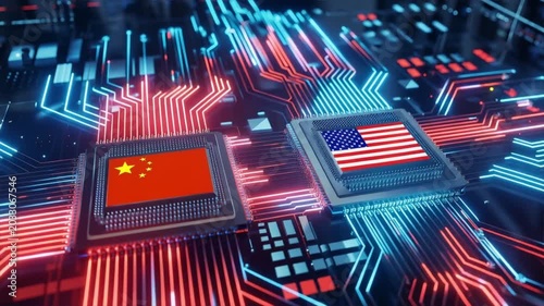 Digital representation of semiconductor chips symbolizing US and China tech rivalry on a circuit board.