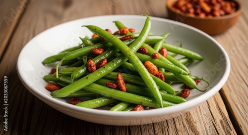 Fresh green beans with roasted nuts in a white bowl