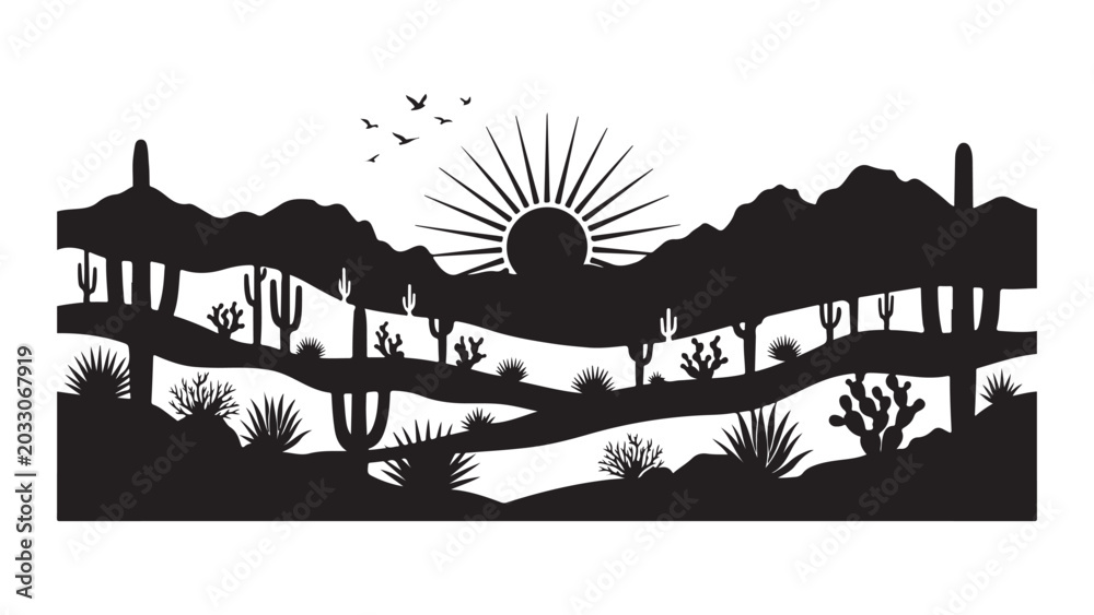 Naklejka premium Desert Landscape Silhouette with Cacti and Rising Sun