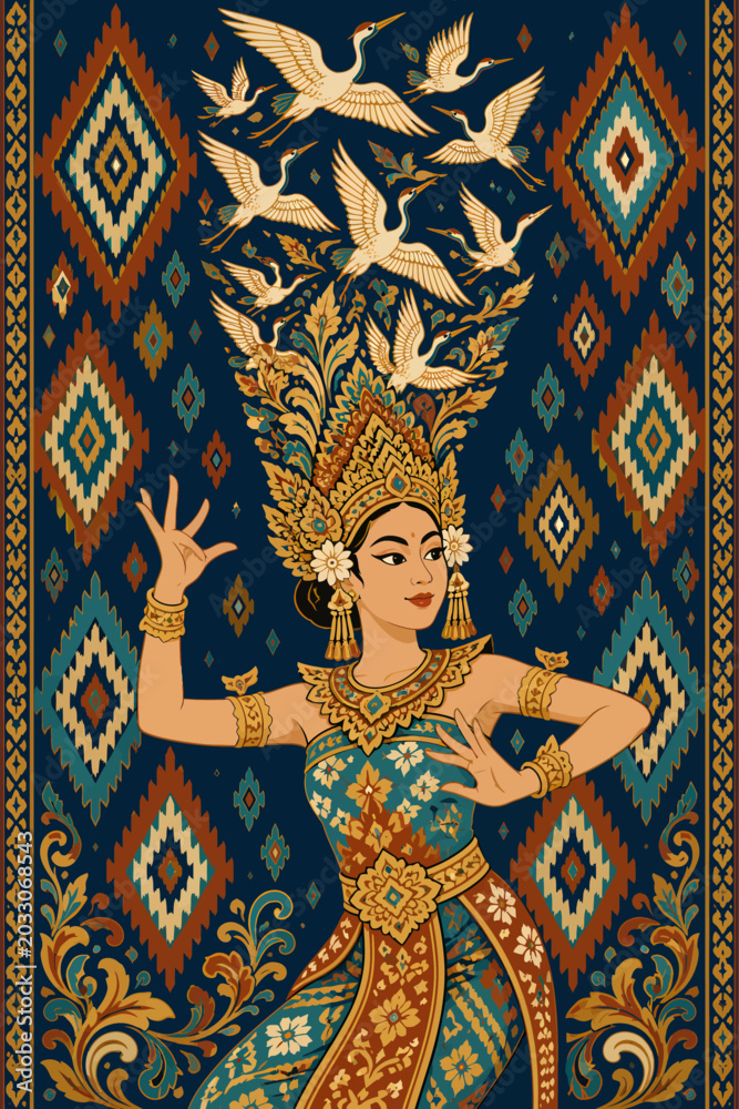 Fototapeta premium Elegant Southeast Asian dancer illustration with ornate costume, flying cranes, and traditional textile patterns, designed for cultural posters, heritage art, travel, and decorative print projects