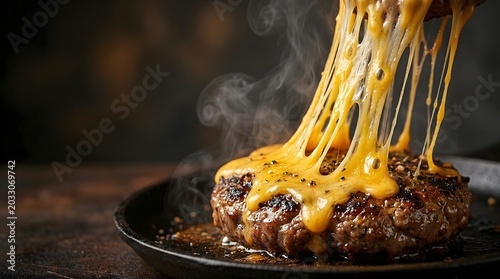Close-up of a sizzling, hot burger patty with abundant melted, stretchy cheese being pulled upwards, served in a rustic cast-iron pan with steam rising.