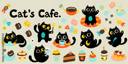 Tableau sur toile Cats And Cafe Treats A Colorful Vector Illustration