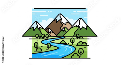 Foto Stylized Mountain Landscape with Winding River and Greenery.
