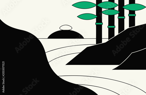 Minimal Zen Landscape with Bamboo and Mountain Vector