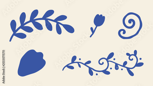 Blue hand-drawn botanical elements with leaves flower bud and decorative vine for organic branding and minimalist graphic design