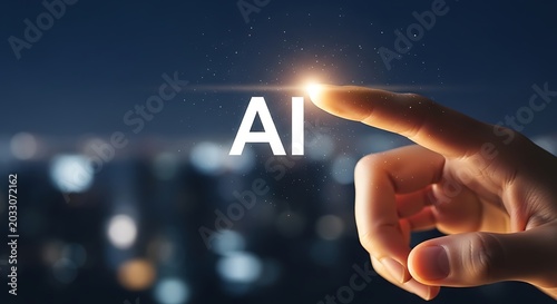 Human finger touching a glowing ai text symbol against a blurred city background