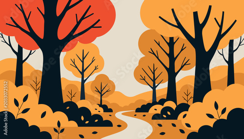 Autumn Forest Path Flat Landscape Vector Illustration