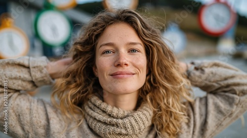 A woman smiling blissfully poses against a backdrop of colorful clocks, embodying the theme of time and joy in a captivating and artistic winter setting.
