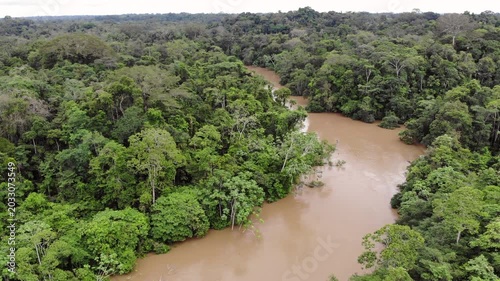 Aerial view of Rio Tiputini in the Ecuadorian Amazon in flood. Very high river levels in February 2022 flooded the forest bordering Rio Tiputini in Yasuni National Park, Orellana province, Ecuador