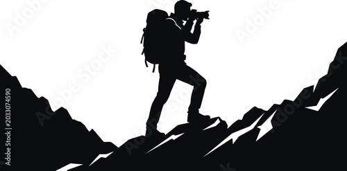 Foto Photographer Silhouette On Mountain Peak Black And White Illustration