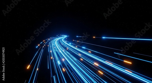 Abstract background with glowing blue and orange light trails in dark space