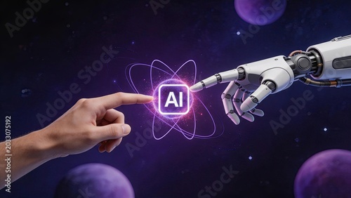 Human hand touching robotic finger with glowing AI atom icon against space background, depicting the collaboration between humanity and artificial intelligence in a futuristic