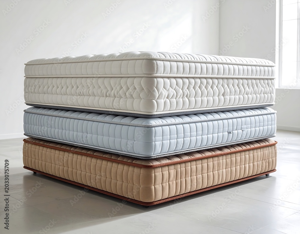Naklejka premium Stacked Quilted Mattresses Displayed in Bright Minimal Bedroom Interior